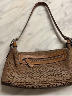 Coach Brown Signature Jacquard Shoulder Bag with Leather Trim